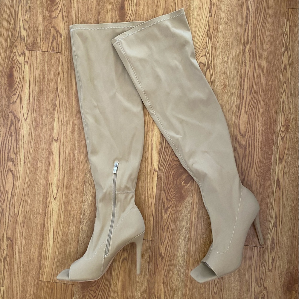 PLT beige thigh high boots